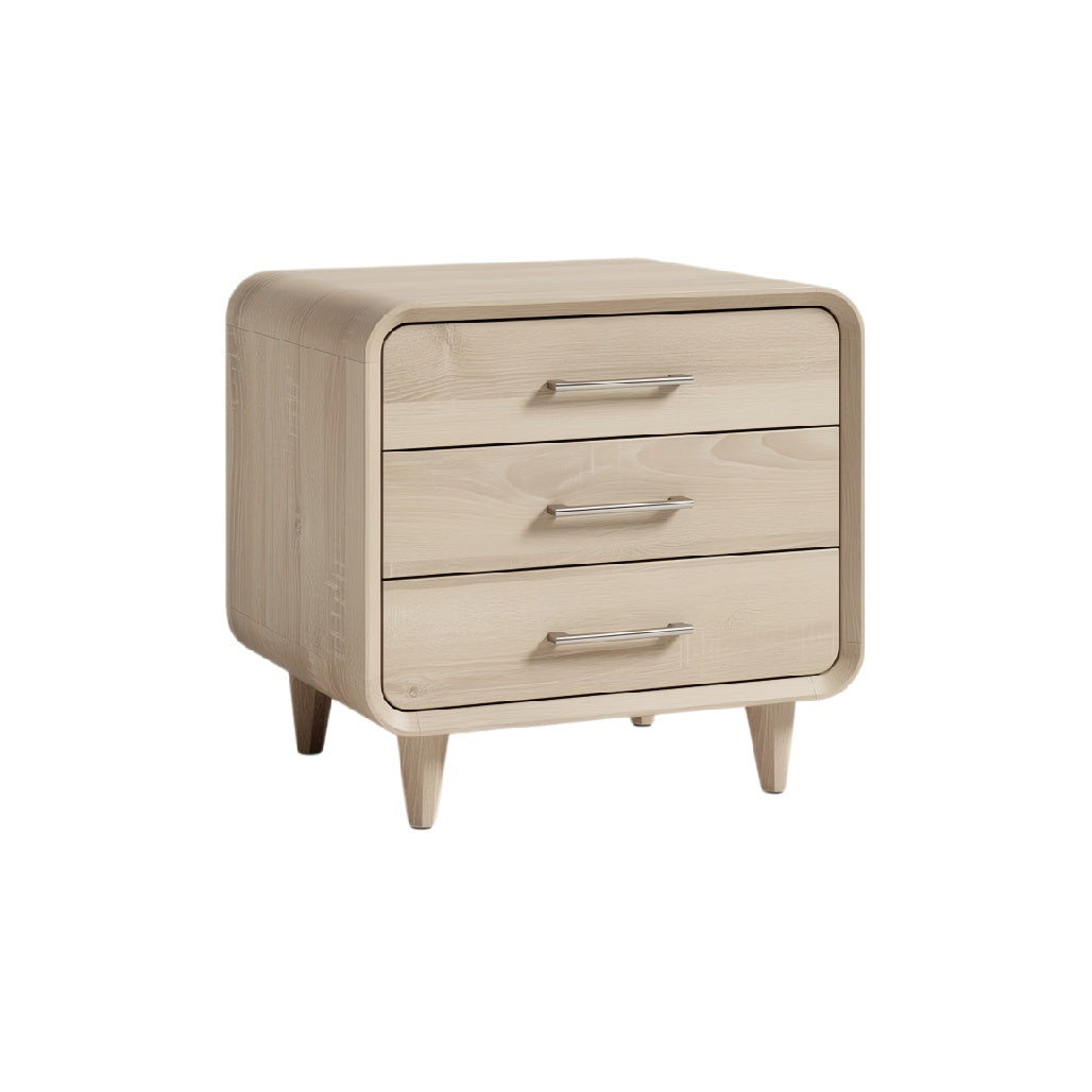 Modern Wooden Nightstand with Three Drawers and Sleek Metal Handles