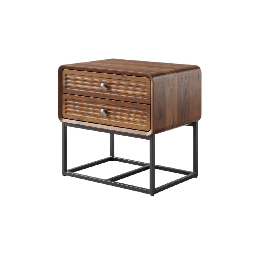 Modern Wooden Nightstand with Two Drawers and Metal Frame